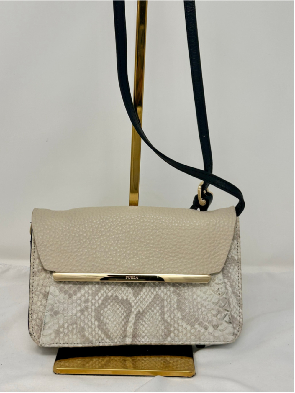 Furla Beige Snakeskin Embossed Leather Shoulder Bag Gold Hardware